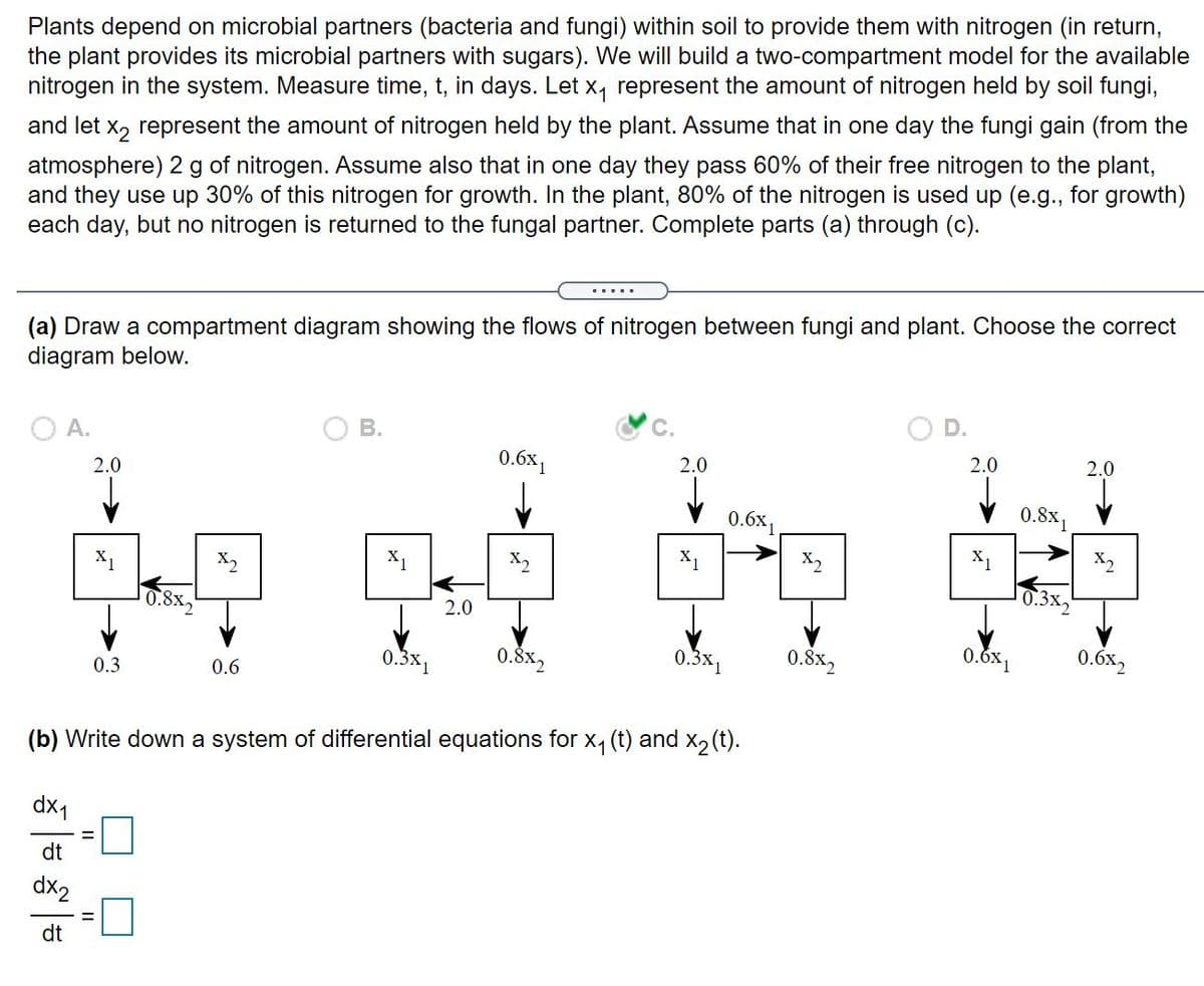 Plants depend on microbial partners (bacteria and fungi) within soil to provide them with nitrogen (in return,
the plant provides its microbial partners with sugars). We will build a two-compartment model for the available
nitrogen in the system. Measure time, t, in days. Let x, represent the amount of nitrogen held by soil fungi,
and let x, represent the amount of nitrogen held by the plant. Assume that in one day the fungi gain (from the
atmosphere) 2 g of nitrogen. Assume also that in one day they pass 60% of their free nitrogen to the plant,
and they use up 30% of this nitrogen for growth. In the plant, 80% of the nitrogen is used up (e.g., for growth)
each day, but no nitrogen is returned to the fungal partner. Complete parts (a) through (c).
.....
(a) Draw a compartment diagram showing the flows of nitrogen between fungi and plant. Choose the correct
diagram below.
В.
C.
O A.
2.0
2.0
0.6х,
2.0
2.0
0.6х
0.8x1
0.3x
0.8x.
2.0
0.3x1
0.8x2
0.3x1
0.8x2
0.6x,
0.6x2
0.3
0.6
(b) Write down a system of differential equations for x, (t) and x2 (t).
dx1
dt
dx2
dt
