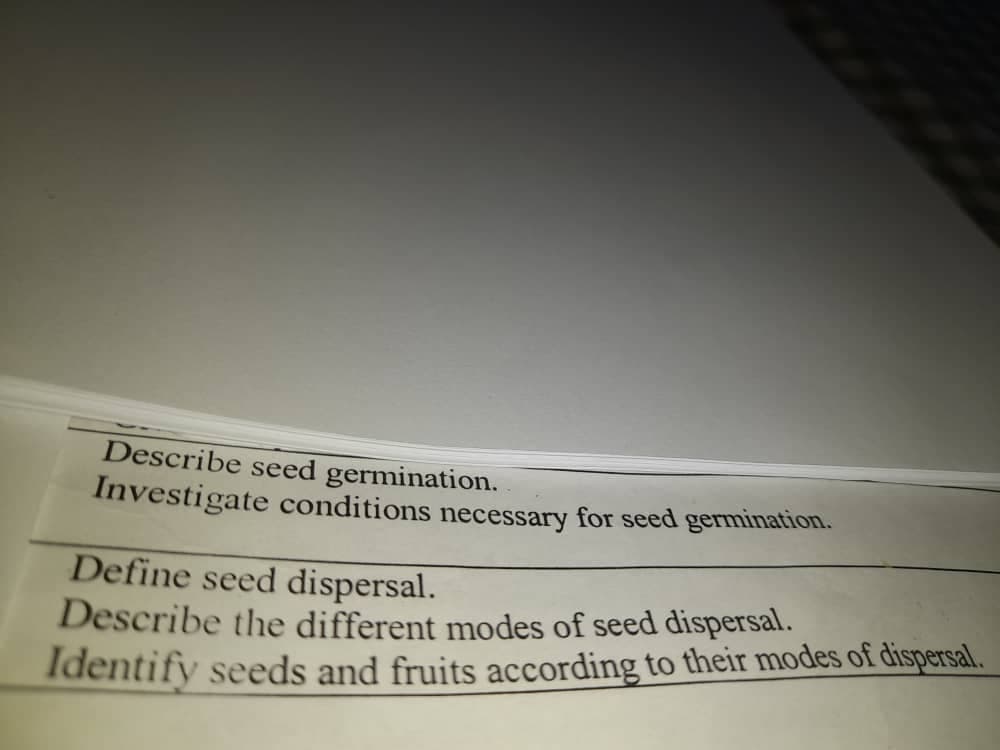 Describe seed germination.
Investigate conditions necessary for seed germination.
Define seed dispersal.
Describe the different modes of seed dispersal.
Identify seeds and fruits according to their modes of dispersal.