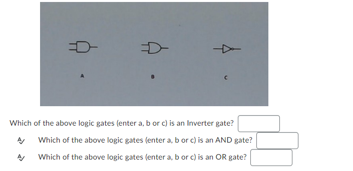 D-
B
C
Which of the above logic gates (enter a, b or c) is an Inverter gate?
A/ Which of the above logic gates (enter a, b or c) is an AND gate?
Which of the above logic gates (enter a, b or c) is an OR gate?
A/