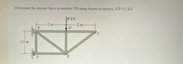 Determine the internal force in member DB using trusses properties, if P =12 kN
|P kN
-2 m
D
-2 m
1.5 m
B

