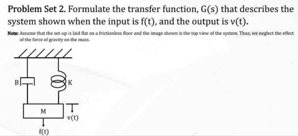 Problem Set 2. Formulate the transfer function, G(s) that describes the
system shown when the input is f(t), and the output is v(t).
Note: Assume that the set-up is laid flat on a frictionless floor and the image shown is the top view of the system. Thus, we neglect the effect
of the force of gravity on the mass.
4/
B
K
M
f(t)
T
v(t)