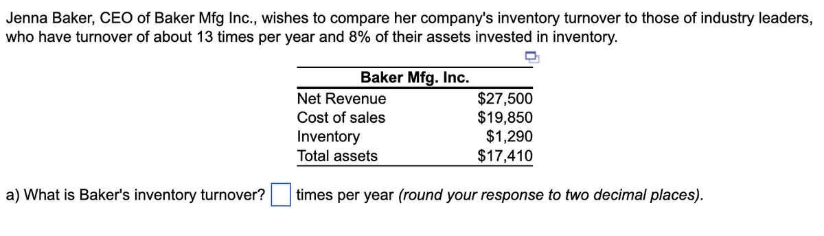 Jenna Baker, CEO of Baker Mfg Inc., wishes to compare her company's inventory turnover to those of industry leaders,
who have turnover of about 13 times per year and 8% of their assets invested in inventory.
a) What is Baker's inventory turnover?
Baker Mfg. Inc.
Net Revenue
Cost of sales
Inventory
Total assets
$27,500
$19,850
$1,290
$17,410
times per year (round your response to two decimal places).