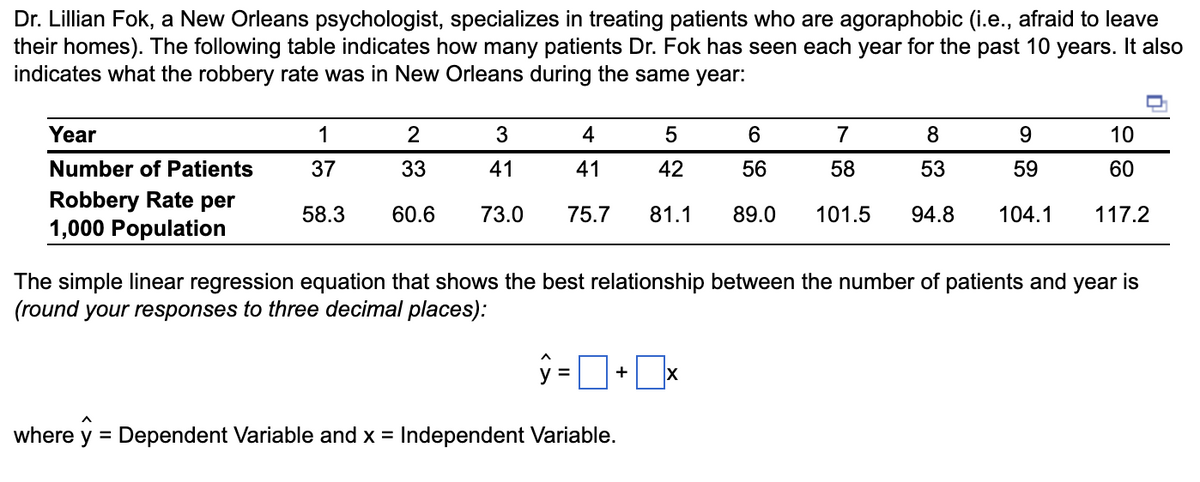 Dr. Lillian Fok, a New Orleans psychologist, specializes in treating patients who are agoraphobic (i.e., afraid to leave
their homes). The following table indicates how many patients Dr. Fok has seen each year for the past 10 years. It also
indicates what the robbery rate was in New Orleans during the same year:
Year
Number of Patients
Robbery Rate per
1,000 Population
1
2
3
4
37
33
41
41
58.3 60.6 73.0 75.7
5
42
81.1
The simple linear regression equation that shows the best relationship between the number of patients and year is
(round your responses to three decimal places):
ŷ=+x
A
where y = Dependent Variable and x = Independent Variable.
6
7
8
9
10
56
58
53
59
60
89.0 101.5 94.8 104.1 117.2