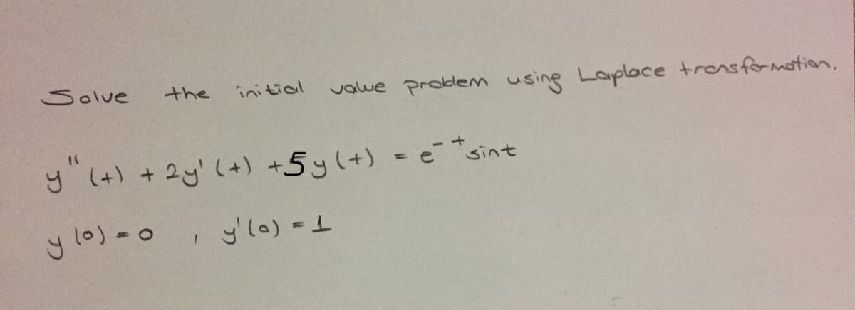 Solve
the
initial
valwe problem using Laploce trensformotion,
y (4) + 2y'(+) +5y(+) = esint
y lo)-0
