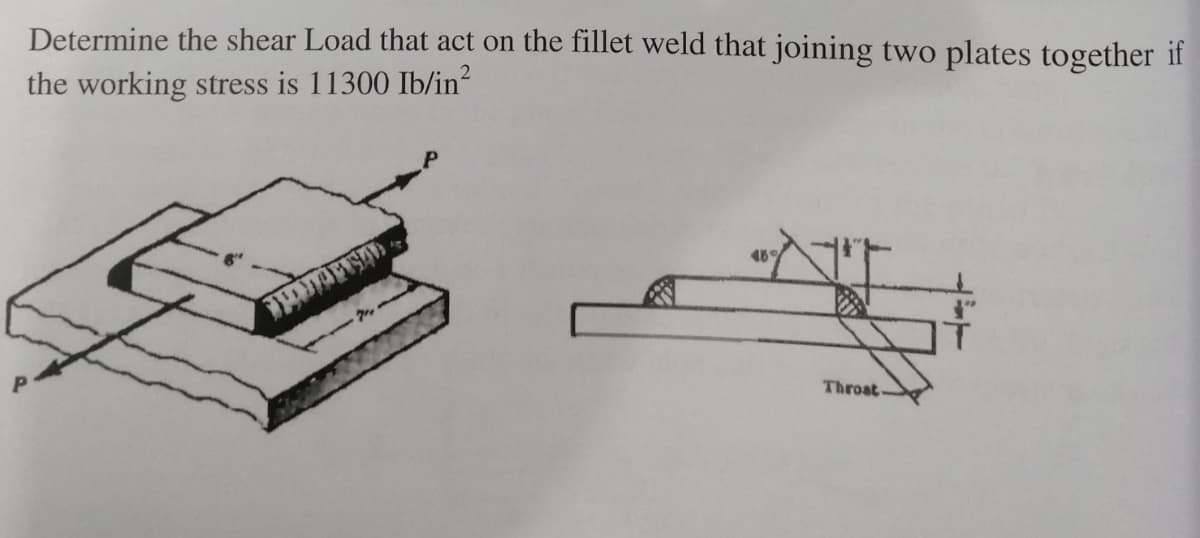 Determine the shear Load that act on the fillet weld that joining two plates together if
the working stress is 11300 Ib/in?
Throat
