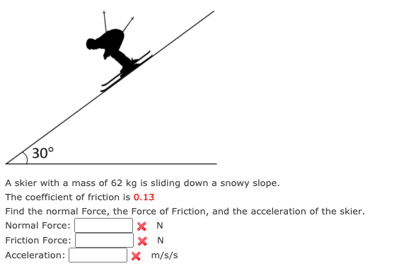 30°
A skier with a mass of 62 kg is sliding down a snowy slope.
The coefficient of friction is 0.13
Find the normal Force, the Force of Friction, and the acceleration of the skier.
X N
|× N
X m/s/s
Normal Force:
Friction Force:
Acceleration:
