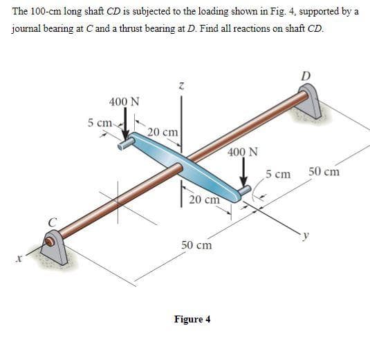 The 100-cm long shaft CD is subjected to the loading shown in Fig. 4, supported by a
journal bearing at C and a thrust bearing at D. Find all reactions on shaft CD.
400 N
5 cm
20 cm
400 N
5 cm
50 cm
20 cm
50 cm
Figure 4
