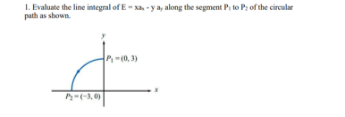 1. Evaluate the line integral of E-xa, -y a, along the segment P; to P; of the circular
path as shown.
P₁=(0, 3)
P₂-(-3,0)