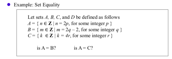 Example: Set Equality
Let sets A, B, C, and D be defined as follows
A {nE Zn= 2p, for some integer p
B m E Z m = 2q - 2, for some integer q
C k E Zk 4r, for some integer r
is A B?
is A C?
