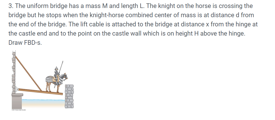3. The uniform bridge has a mass M and length L. The knight on the horse is crossing the
bridge but he stops when the knight-horse combined center of mass is at distance d from
the end of the bridge. The lift cable is attached to the bridge at distance x from the hinge at
the castle end and to the point on the castle wall which is on height H above the hinge.
Draw FBD-s.
