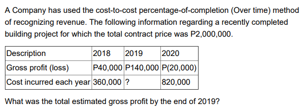 A Company has used the cost-to-cost percentage-of-completion (Over time) method
of recognizing revenue. The following information regarding a recently completed
building project for which the total contract price was P2,000,000.
Description
Gross profit (loss)
Cost incurred each year 360,000 ?
2018
2019
P40,000 P140,000 P(20,000)
2020
820,000
What was the total estimated gross profit by the end of 2019?
