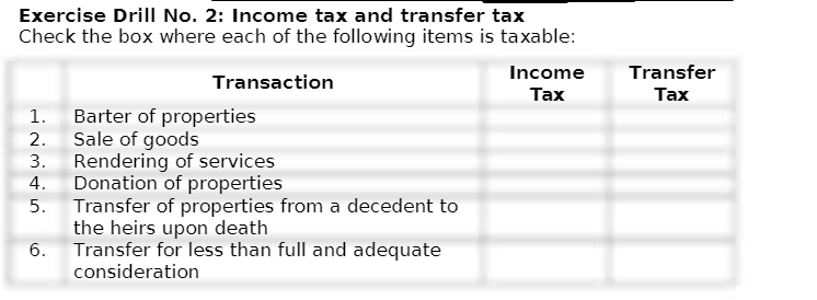 Exercise Drill No. 2: Income tax and transfer tax
Check the box where each of the following items is taxable:
Income
Transfer
Transaction
Таx
Тах
1. Barter of properties
2. Sale of goods
3. Rendering of services
4. Donation of properties
5. Transfer of properties from a decedent to
the heirs upon death
6. Transfer for less than full and adequate
consideration
