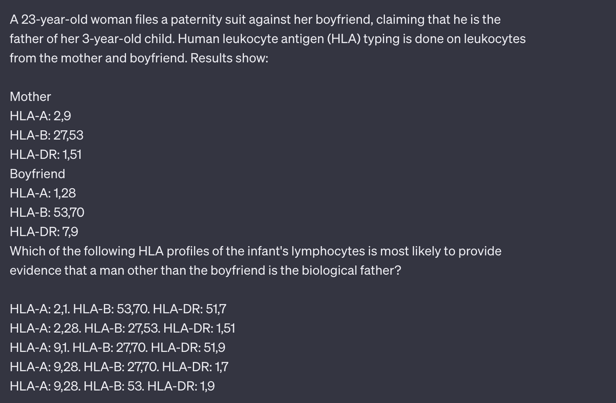 A 23-year-old woman files a paternity suit against her boyfriend, claiming that he is the
father of her 3-year-old child. Human leukocyte antigen (HLA) typing is done on leukocytes
from the mother and boyfriend. Results show:
Mother
HLA-A: 2,9
HLA-B: 27,53
HLA-DR: 1,51
Boyfriend
HLA-A: 1,28
HLA-B: 53,70
HLA-DR: 7,9
Which of the following HLA profiles of the infant's lymphocytes is most likely to provide
evidence that a man other than the boyfriend is the biological father?
HLA-A: 2,1. HLA-B: 53,70. HLA-DR: 51,7
HLA-A: 2,28. HLA-B: 27,53. HLA-DR: 1,51
HLA-A: 9,1. HLA-B: 27,70. HLA-DR: 51,9
HLA-A: 9,28. HLA-B: 27,70. HLA-DR: 1,7
HLA-A: 9,28. HLA-B: 53. HLA-DR: 1,9