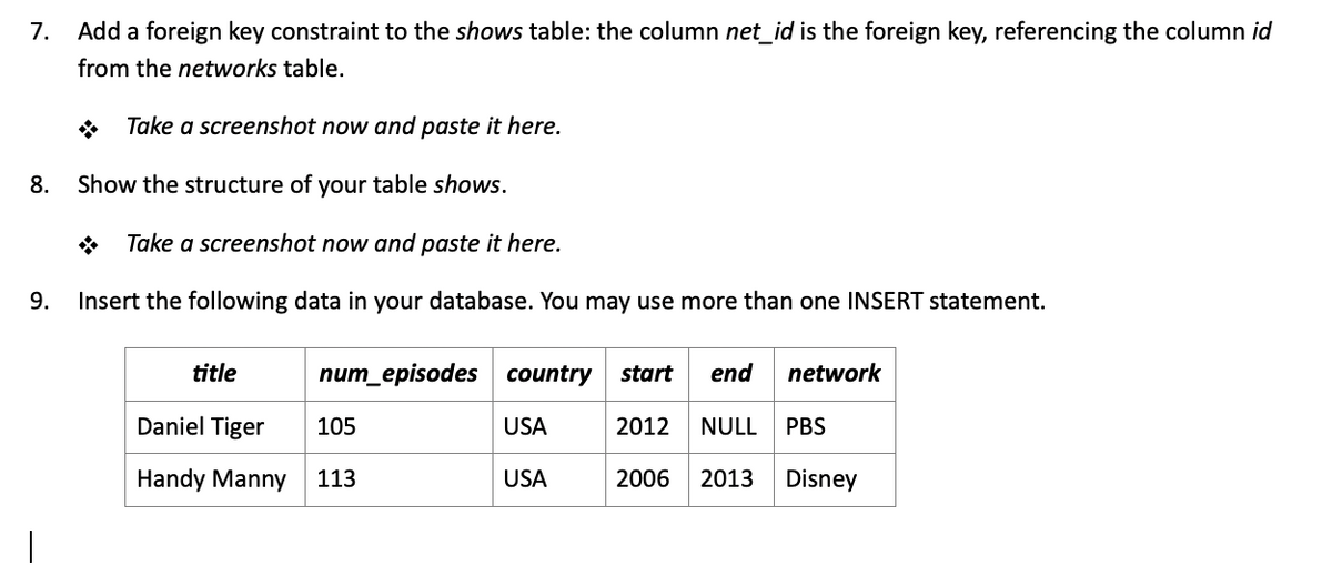 7.
Add a foreign key constraint to the shows table: the column net_id is the foreign key, referencing the column id
from the networks table.
Take a screenshot now and paste it here.
8.
Show the structure of your table shows.
Take a screenshot now and paste it here.
9.
Insert the following data in your database. You may use more than one INSERT statement.
title
num_episodes country
start
end
network
Daniel Tiger
105
USA
2012
NULL
PBS
Handy Manny
113
USA
2006
2013
Disney
