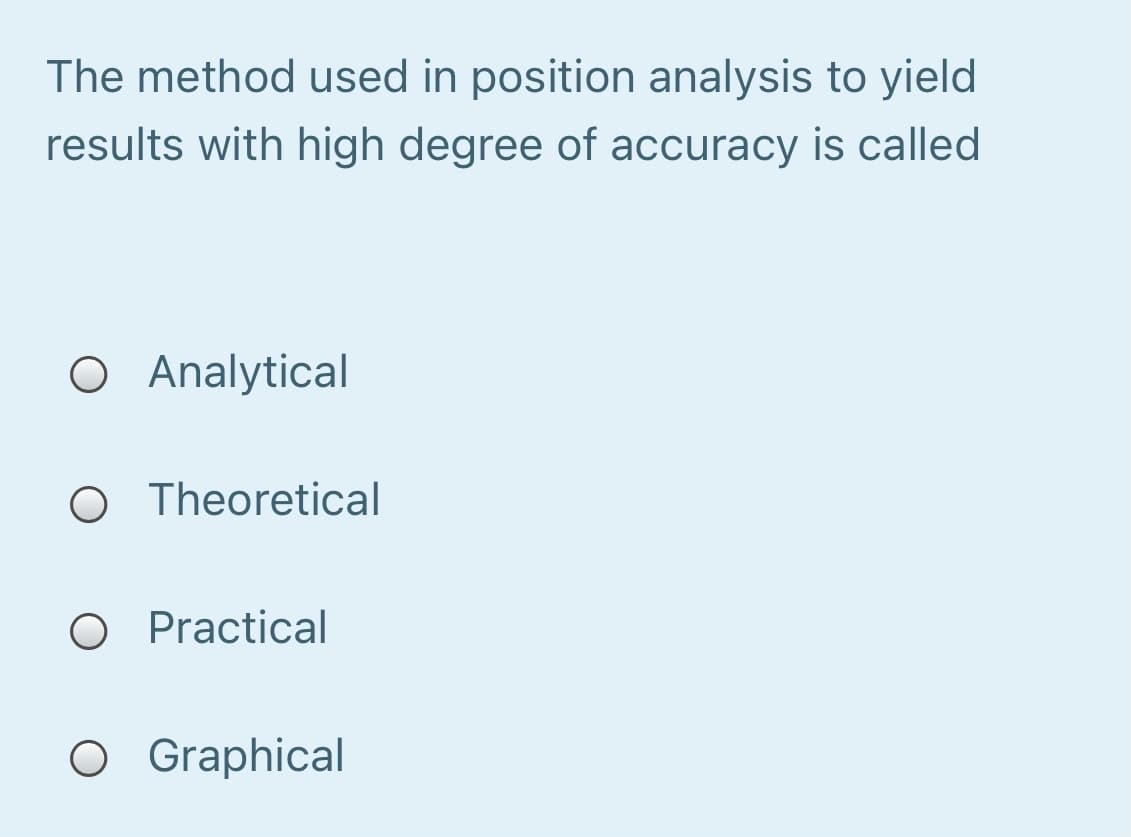 The method used in position analysis to yield
results with high degree of accuracy is called
O Analytical
O Theoretical
O Practical
O Graphical
