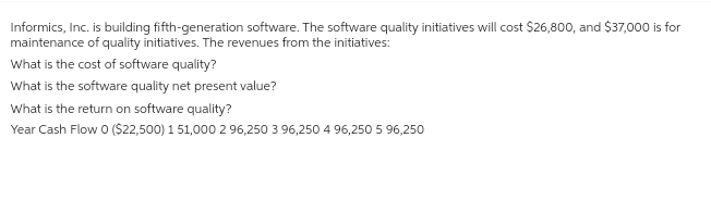 Informics, Inc. is building fifth-generation software. The software quality initiatives will cost $26,800, and $37,000 is for
maintenance of quality initiatives. The revenues from the initiatives:
What is the cost of software quality?
What is the software quality net present value?
What is the return on software quality?
Year Cash Flow O ($22,500) 1 51,000 2 96,250 3 96,250 4 96,250 5 96,250