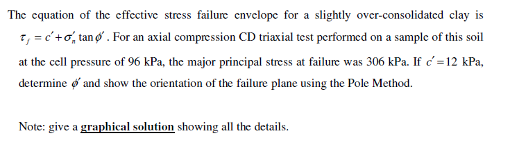 The equation of the effective stress failure envelope for a slightly over-consolidated clay is
7, = c'+o, tan o . For an axial compression CD triaxial test performed on a sample of this soil
at the cell pressure of 96 kPa, the major principal stress at failure was 306 kPa. If c' =12 kPa,
determine ø and show the orientation of the failure plane using the Pole Method.
Note: give a graphical solution showing all the details.
