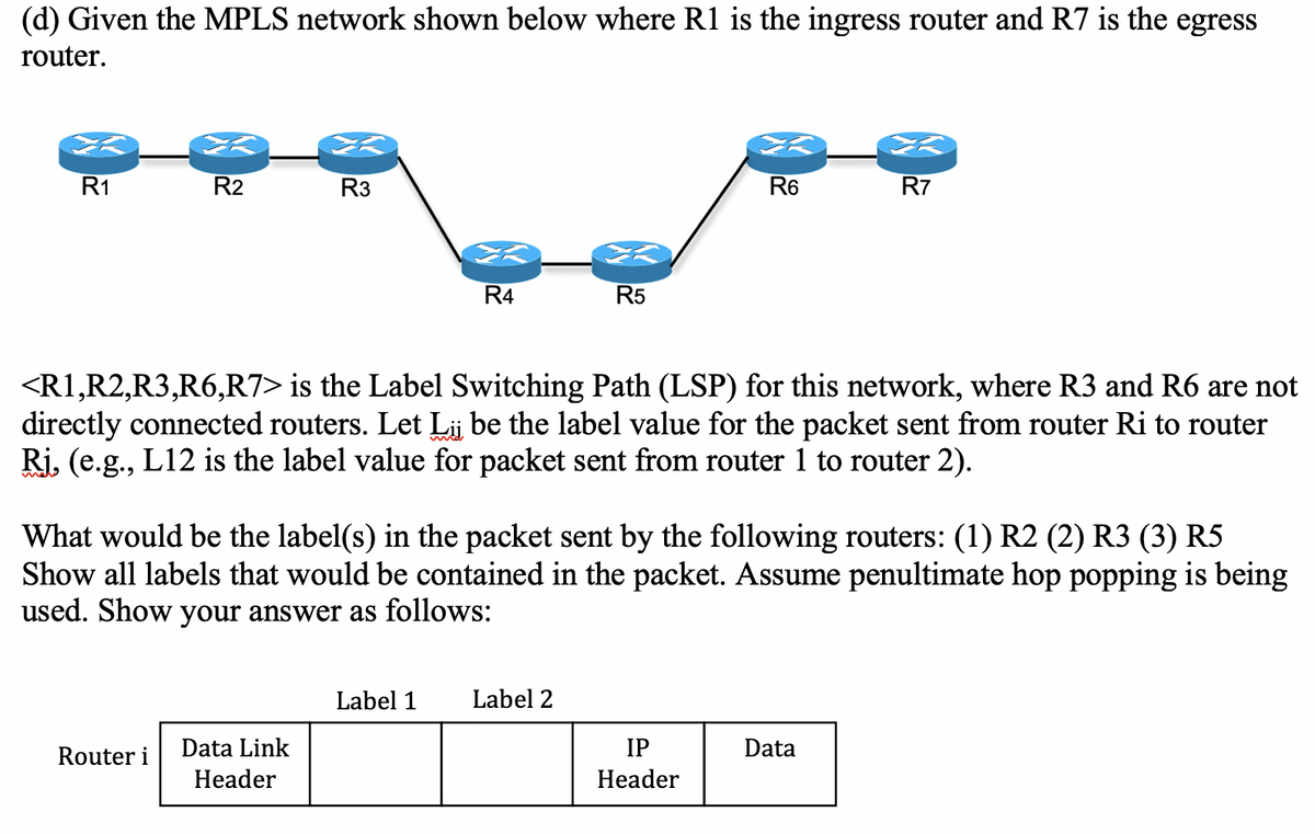 (d) Given the MPLS network shown below where R1 is the ingress router and R7 is the egress
router.
R1
R2
R3
R6
R7
R4
R5
<R1,R2,R3,R6,R7> is the Label Switching Path (LSP) for this network, where R3 and R6 are not
directly connected routers. Let Lij be the label value for the packet sent from router Ri to router
Ri, (e.g., L12 is the label value for packet sent from router 1 to router 2).
What would be the label(s) in the packet sent by the following routers: (1) R2 (2) R3 (3) R5
Show all labels that would be contained in the packet. Assume penultimate hop popping is being
used. Show your answer as follows:
Label 1
Label 2
Router i
Data Link
IP
Data
Header
Header
