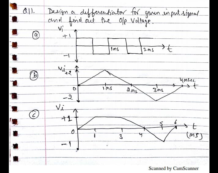 Design a defferentiator for gven imputsignul
and find out the ofp Voltage.
Ims
2ms
ymsee
ams
3ms
-2
Vi
3
Scanned by CamScanner
