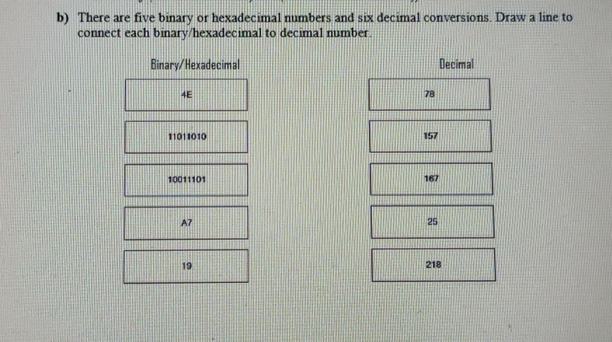 b) There are five binary or hexadecimal numbers and six decimal conversions. Draw a line to
connect each binary/hexadecimal to decimal number.
Binary/Hexadecimal
Decimal
4E
78
11011010
157
10011101
167
A7
25
19
218
