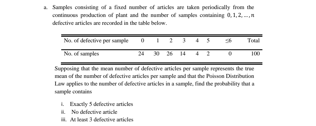 a. Samples consisting of a fixed number of articles are taken periodically from the
continuous production of plant and the number of samples containing 0,1,2, ...,n
defective articles are recorded in the table below.
No. of defective per sample
1
2
3
4
<6
Total
No. of samples
24
30
26
14
4
2
100
Supposing that the mean number of defective articles per sample represents the true
mean of the number of defective articles per sample and that the Poisson Distribution
Law applies to the number of defective articles in a sample, find the probability that a
sample contains
i. Exactly 5 defective articles
ii.
No defective article
iii. At least 3 defective articles
