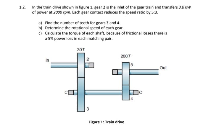 In the train drive shown in figure 1, gear 2 is the inlet of the gear train and transfers 3.0 kW
of power at 2000 rpm. Each gear contact reduces the speed ratio by 5:3.
1.2.
a) Find the number of teeth for gears 3 and 4.
b) Determine the rotational speed of each gear.
c) Calculate the torque of each shaft, because of frictional losses there is
a 5% power loss in each matching pair.
30T
200T
In
2
5
Out
3
Figure 1: Train drive
