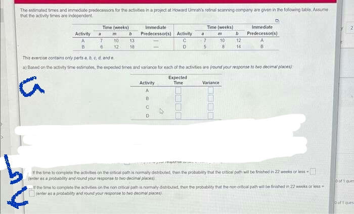 The estimated times and immediate predecessors for the activities in a project at Howard Umrah's rotinal scanning company are given in the following tablo. Assume
that the activity times are independent.
Time (weeks)
Immediate
Time (weeks)
Immediate
Activity
b
Predecessor(s) Activity
b.
Predecessor(s)
a
a
7.
10
13
10
12
A
B
6
12
18
14
This exercise contains only parts a, b, c, d, and e
a) Based on the activity time estimates, the expected times and variance for each of the activities are (round your response to two decimal places)
Expected
Time
Activity
Variance
A
B
If the time to complete the activitios on the critical path is nomally distributed, thern the probabilty that the critical path will be finished in 22 weeks or less -
(enter as a probability and round your response to two decimal places)
0 of 1 ques
the time to complete the activities on the non critical path in normaly distributed, then the probability that the non criical path will be finished in 22 weeks ar less
(enter as a probability and round your response to two decimal places).
0 of t ques
