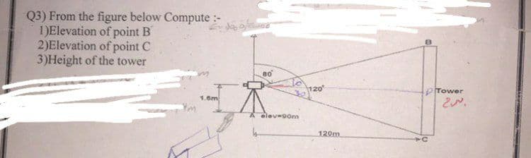 Q3) From the figure below Compute :-
1)Elevation of point B
2)Elevation of point C
3)Height of the tower
Ym
1.6m
to atte
ВО
A elev-90m
120
120m
Tower
20³.
