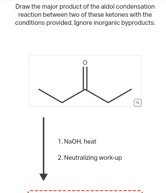 Draw the major product of the aldol condensation
reaction between two of these ketones with the
conditions provided. Ignore inorganic byproducts.
1. NaOH, heat
2. Neutralizing work-up