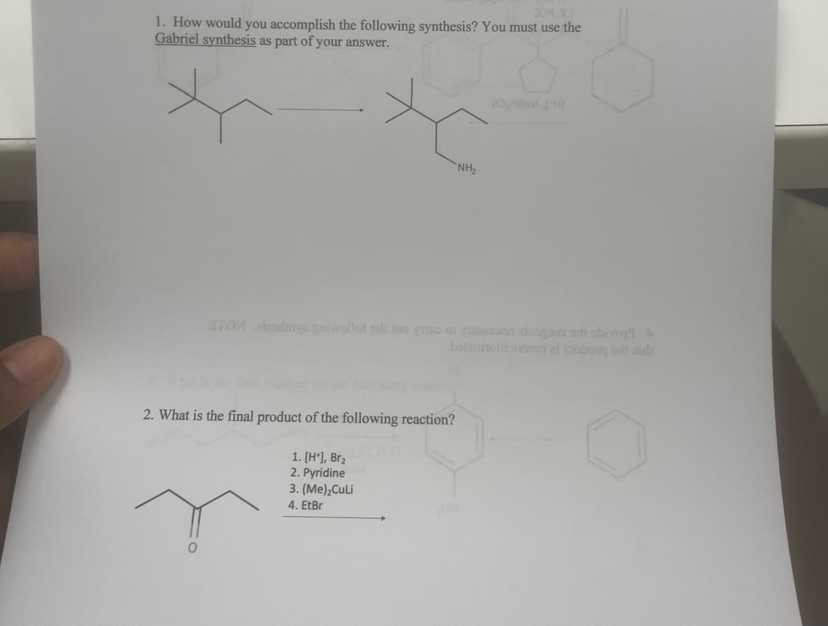 004. S
1. How would you accomplish the following synthesis? You must use the
Gabriel synthesis as part of your answer.
TOM leadinya gniwollot odi joo soon atrogasn si sbivor A
botaninoldoonoma zi souborq olardı
2. What is the final product of the following reaction?
NH₂
1. [H*], Br₂
2. Pyridine
3. (Me)₂Culi
4. EtBr