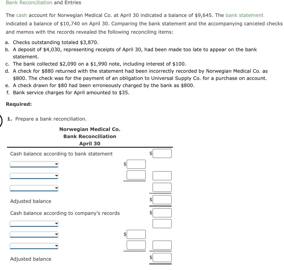 Bank Reconciliation and Entries
The cash account for Norwegian Medical Co. at April 30 indicated a balance of $9,645. The bank statement
indicated a balance of $10,740 on April 30. Comparing the bank statement and the accompanying canceled checks
and memos with the records revealed the following reconciling items:
a. Checks outstanding totaled $3,870.
b. A deposit of $4,030, representing receipts of April 30, had been made too late to appear on the bank
statement.
c. The bank collected $2,090 on a $1,990 note, including interest of $100.
d. A check for $880 returned with the statement had been incorrectly recorded by Norwegian Medical Co. as
$800. The check was for the payment of an obligation to Universal Supply Co. for a purchase on account.
e. A check drawn for $80 had been erroneously charged by the bank as $800.
f. Bank service charges for April amounted to $35.
Required:
1. Prepare a bank reconciliation.
Norwegian Medical Co.
Bank Reconciliation
April 30
Cash balance according to bank statement
Adjusted balance
Cash balance according to company's records
Adjusted balance