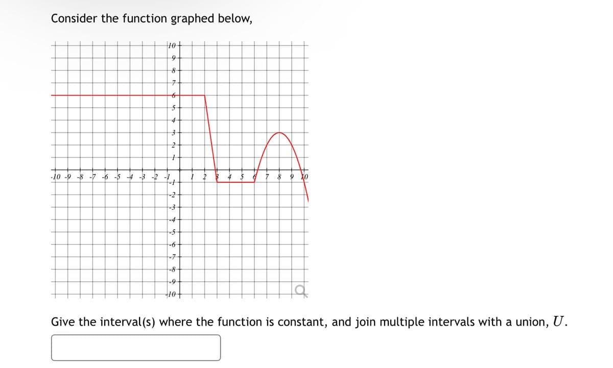 Consider the function graphed below,
10+
9
8
7
6
5
4
3
2
1
-10 -9
-8
-6-5-4-3
-2
-2
-3
-4
-5
-6
-7
-8
-9
-10-
2
5
7 8 9 ΤΟ
Give the interval(s) where the function is constant, and join multiple intervals with a union, U.