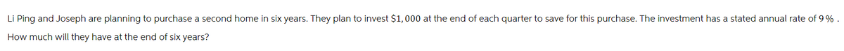 Li Ping and Joseph are planning to purchase a second home in six years. They plan to invest $1,000 at the end of each quarter to save for this purchase. The investment has a stated annual rate of 9% .
How much will they have at the end of six years?
