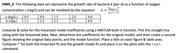 HW9_3 The following data set represents the growth rate of bacteria k (per d) as a function of oxygen
concentration c (mg/L) and can be modeled by the equation
k =
Kmax c?
(Cs+ c²)
c (mg/L)
k (/day)
0.5
0.8
1.5
2.5
4.0
1.1
2.5
5.3
7.6
8.9
Linearize & solve for the linearized model coefficients using a MATLAB built-in function. Plot the straight line
along with the linearized data. Next, determine the coefficients for the original model, and then create a second
figure showing the original data points, and the model function. Place a title on each figure & label axes.
Compute r' for both the linearized fit and the growth model fit and place it on the plots with the text
command.
