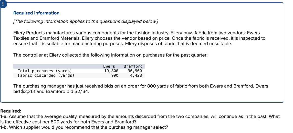 !
Required information
[The following information applies to the questions displayed below.]
Ellery Products manufactures various components for the fashion industry. Ellery buys fabric from two vendors: Ewers
Textiles and Bramford Materials. Ellery chooses the vendor based on price. Once the fabric is received, it is inspected to
ensure that it is suitable for manufacturing purposes. Ellery disposes of fabric that is deemed unsuitable.
The controller at Ellery collected the following information on purchases for the past quarter:
Total purchases (yards)
Fabric discarded (yards)
Ewers
19,800
990
Bramford
36,900
4,428
The purchasing manager has just received bids on an order for 800 yards of fabric from both Ewers and Bramford. Ewers
bid $2,261 and Bramford bid $2,134.
Required:
1-a. Assume that the average quality, measured by the amounts discarded from the two companies, will continue as in the past. What
is the effective cost per 800 yards for both Ewers and Bramford?
1-b. Which supplier would you recommend that the purchasing manager select?