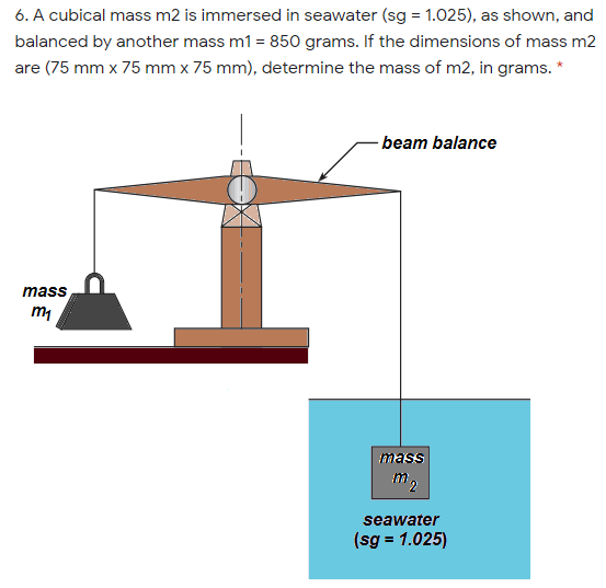 6. A cubical mass m2 is immersed in seawater (sg = 1.025), as shown, and
balanced by another mass m1 = 850 grams. If the dimensions of mass m2
are (75 mm x 75 mm x 75 mm), determine the mass of m2, in grams. *
- beam balance
mass
mass
m2
seawater
(sg = 1.025)
