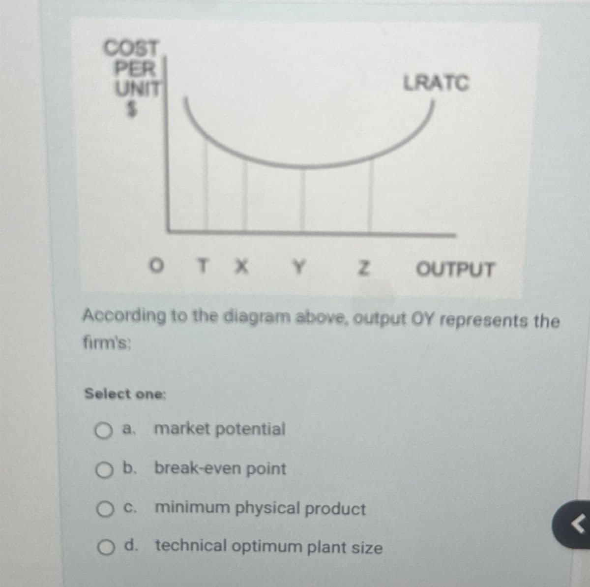 COST
PER
UNIT
LRATC
OTX Y Z OUTPUT
According to the diagram above, output OY represents the
firm's:
Select one:
O a. market potential
O b. break-even point
O c. minimum physical product
O d. technical optimum plant size