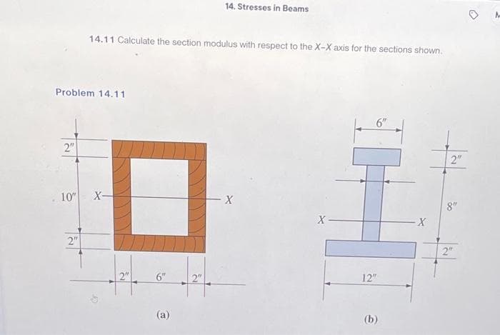 Problem 14.11
2"
14.11 Calculate the section modulus with respect to the X-X axis for the sections shown.
10" X-
2"
300
2
6"
(a)
14. Stresses in Beams
2"
X
X
12"
(b)
X
2"
8"
2"
M