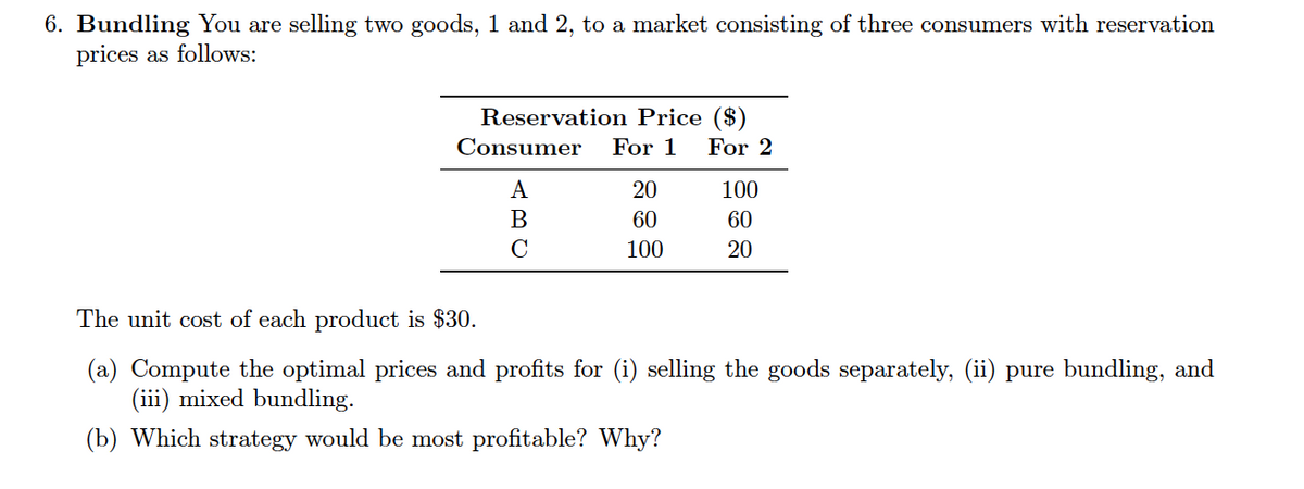 6. Bundling You are selling two goods, 1 and 2, to a market consisting of three consumers with reservation
prices as follows:
Reservation Price ($)
Consumer
For 1
For 2
А
20
100
В
60
60
C
100
20
The unit cost of each product is $30.
(a) Compute the optimal prices and profits for (i) selling the goods separately, (ii) pure bundling, and
(iii) mixed bundling.
(b) Which strategy would be most profitable? Why?
