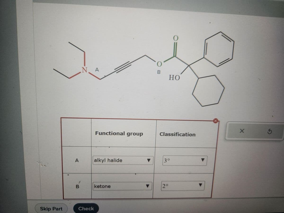 Skip Part
A
B
N. A
Functional group
alkyl halide
ketone
Check
B
Classification
3°
2°
N
O
HO
X
3