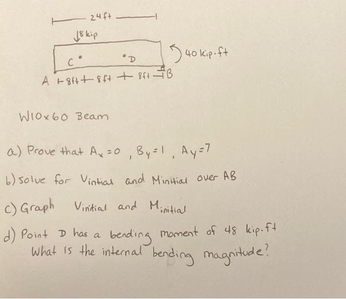 24 ft
18 kip
L c.
'D
A +8f++8f+ + 8ft B
W10x60 Beam
540 kip.ft
a) Prove that Ax=0, By=1, Ay=7
b) solve for Vintial and Minitial over AB
c) Graph Vinitial and
Vinitial and Minitial
d) Point D has a be
moment of 48 kip.ft.
bending
What is the internal bending magnitude?