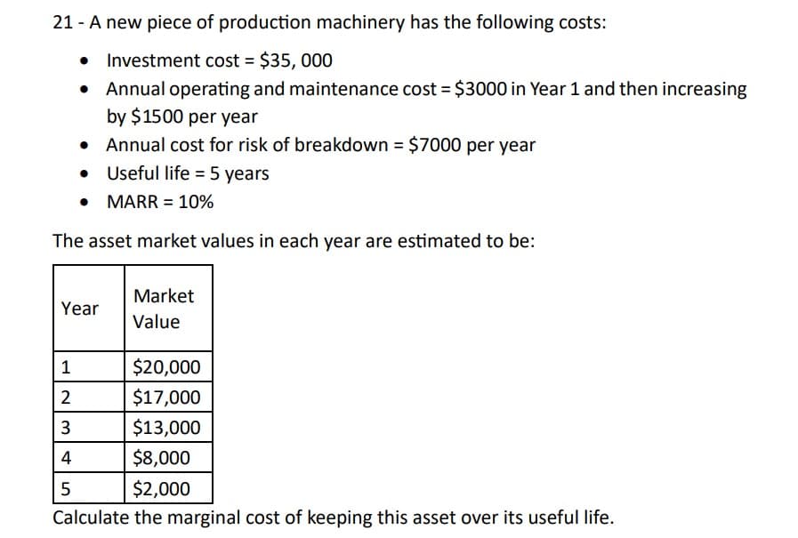 21 - A new piece of production machinery has the following costs:
Investment cost = $35, 000
Annual operating and maintenance cost = $3000 in Year 1 and then increasing
by $1500 per year
• Annual cost for risk of breakdown = $7000 per year
Useful life = 5 years
● MARR = 10%
The asset market values in each year are estimated to be:
Year
1
2
3
4
5
Market
Value
$20,000
$17,000
$13,000
$8,000
$2,000
Calculate the marginal cost of keeping this asset over its useful life.