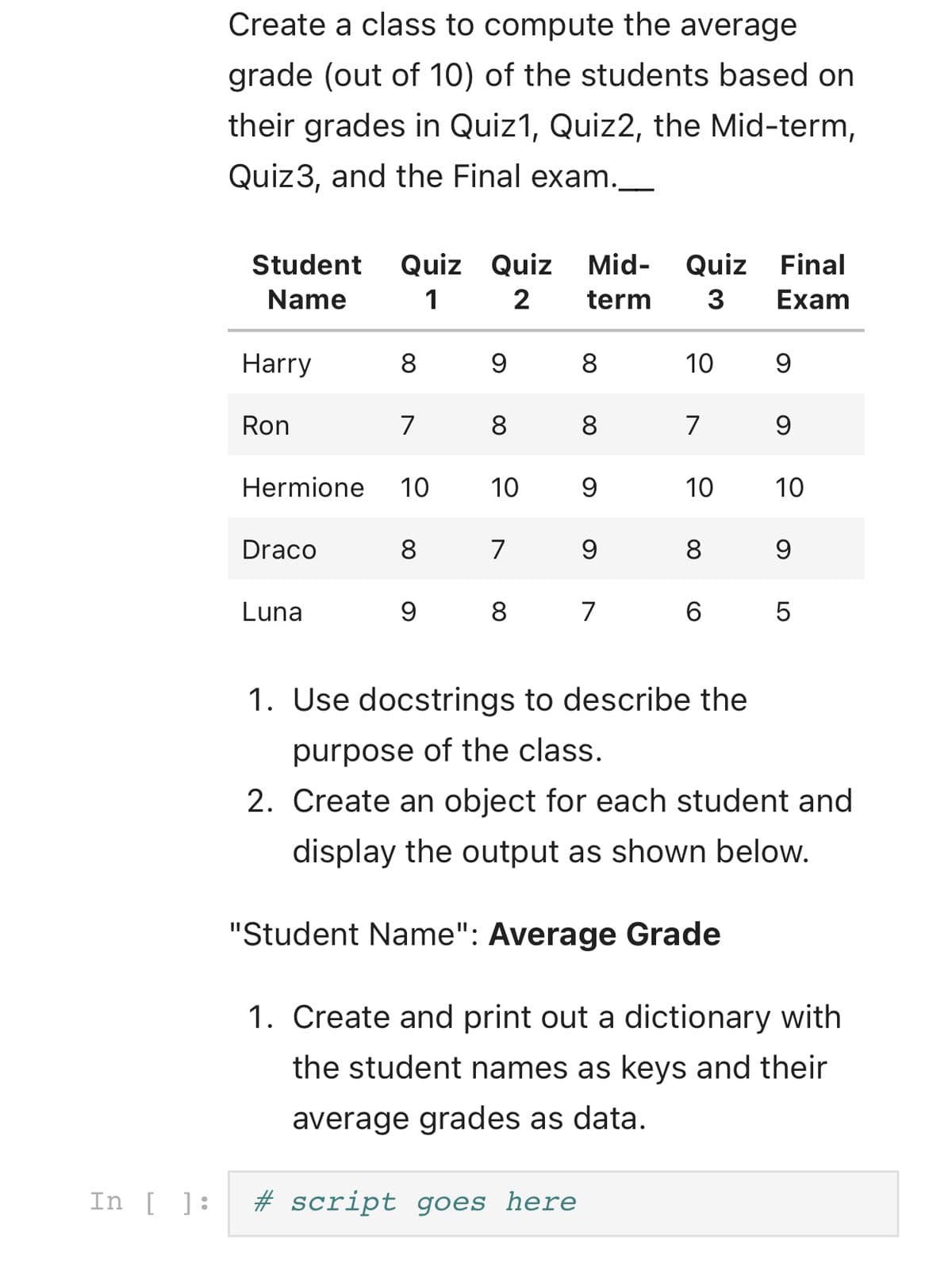 Create a class to compute the average
grade (out of 10) of the students based on
their grades in Quiz1, Quiz2, the Mid-term,
Quiz3, and the Final exam.__
Student
Quiz Quiz
Mid-
Quiz Final
Name
1
term
3
Exam
Harry
8
8.
10
Ron
7
8
8
7
Hermione
10
10
10
10
Draco
8
7
9.
8
Luna
9
8
7
1. Use docstrings to describe the
purpose of the class.
2. Create an object for each student and
display the output as shown below.
"Student Name": Average Grade
1. Create and print out a dictionary with
the student names as keys and their
average grades as data.
In [ ]:
# script goes here
LO
00
