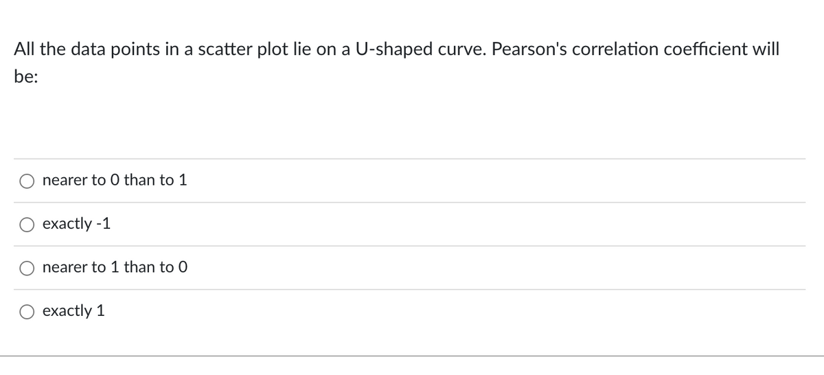 All the data points in a scatter plot lie on a U-shaped curve. Pearson's correlation coefficient will
be:
nearer to 0 than to 1
exactly -1
nearer to 1 than to 0
exactly 1