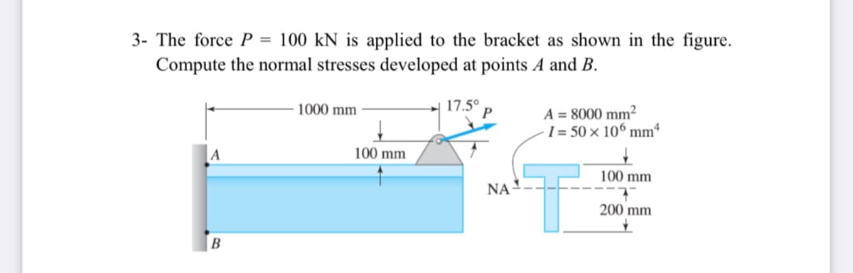 3- The force P = 100 kN is applied to the bracket as shown in the figure.
Compute the normal stresses developed at points A and B.
1000 mm
17.5°
P
A = 8000 mm²
I = 50 × 106 mm“
100 mm
100 mm
NA
200 mm
B
