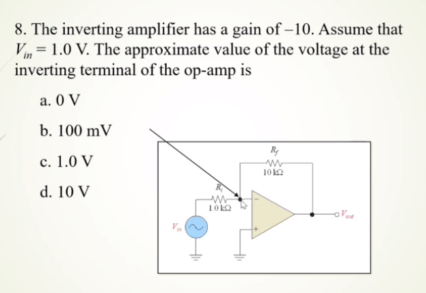 8. The inverting amplifier has a gain of -10. Assume that
=
Vin 1.0 V. The approximate value of the voltage at the
inverting terminal of the op-amp is
a. 0 V
b. 100 mV
c. 1.0 V
d. 10 V
Vin
w
1.0 kQ
www
10kQ2
-o Vort