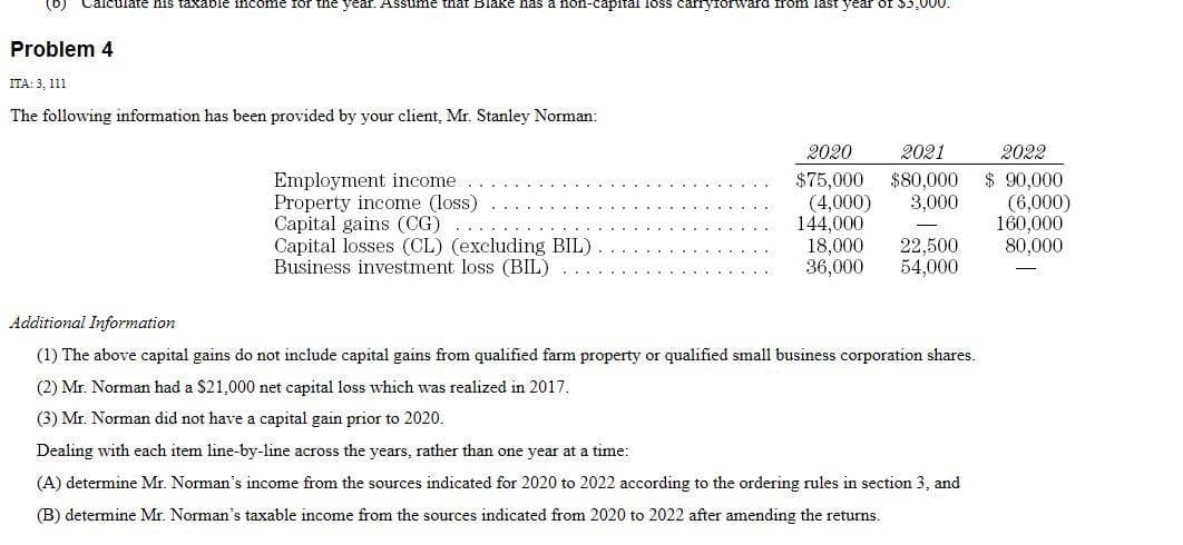 alculate his taxable income for the year. Assume that Blake has a non-capital loss carryforward from last year of $5,000.
Problem 4
ITA: 3, 111
The following information has been provided by your client, Mr. Stanley Norman:
Employment income
Property income (loss)
Capital gains (CG)
Capital losses (CL) (excluding BIL).
Business investment loss (BIL)
2020
2021
$75,000
2022
$80,000 $ 90,000
(4,000) 3,000
(6,000)
144,000
160,000
18,000 22,500
80,000
36,000
54,000
Additional Information
(1) The above capital gains do not include capital gains from qualified farm property or qualified small business corporation shares.
(2) Mr. Norman had a $21,000 net capital loss which was realized in 2017.
(3) Mr. Norman did not have a capital gain prior to 2020.
Dealing with each item line-by-line across the years, rather than one year at a time:
(A) determine Mr. Norman's income from the sources indicated for 2020 to 2022 according to the ordering rules in section 3, and
(B) determine Mr. Norman's taxable income from the sources indicated from 2020 to 2022 after amending the returns.