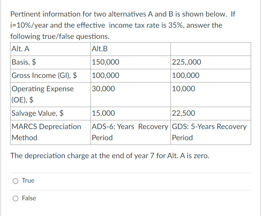Pertinent information for two alternatives A and B is shown below. If
i=10% / year and the effective income tax rate is 35%, answer the
following true/false questions.
Alt. A
Alt.B
Basis, $
Gross Income (GI), $
Operating Expense
(OE), $
Salvage Value, $
MARCS Depreciation
Method
O True
150,000
100,000
30,000
O False
225,,000
100,000
10,000
The depreciation charge at the end of year 7 for Alt. A is zero.
15,000
22,500
ADS-6: Years Recovery GDS: 5-Years Recovery
Period
Period