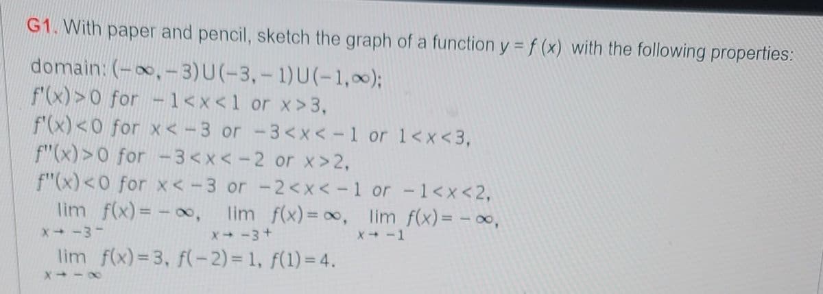 G1. With paper and pencil, sketch the graph of a function y = f (x) with the following properties:
domain: (-∞, -3) U(-3,-1)U(-1,0);
f'(x) >0 for - 1<x< 1 or x>3,
f'(x) <0 for x<-3 or -3<x< -1 or 1<x<3,
f"(x) >0 for -3<x< -2 or x>2,
f"(x) <0 for x<-3 or -2<x< -1 or -1<x<2,
lim f(x) = -∞, lim f(x) = ∞,
lim f(x) = -∞,
x--3-
X→ −3+
→ -1
lim f(x)=3, f(-2)= 1, f(1) = 4.
8118