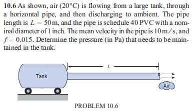 10.6 As shown, air (20°C) is flowing from a large tank, through
a horizontal pipe, and then discharging to ambient. The pipe
length is L = 50m, and the pipe is schedule 40 PVC with a nom-
inal diameter of 1 inch. The mean velocity in the pipe is 10 m/s, and
f = 0.015. Determine the pressure (in Pa) that needs to be main-
tained in the tank.
L.
Tank
Air
PROBLEM 10.6
